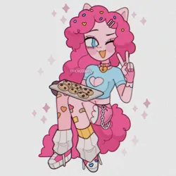 Size: 1500x1500 | Tagged: safe, artist:michoobun, derpibooru import, pinkie pie, human, alternate hairstyle, bandaid, belly button, boob window, chains, clothes, collar, converse, cookie, cute, diapinkes, eared humanization, female, fingerless gloves, food, gloves, humanized, image, leg warmers, midriff, nail polish, one eye closed, open mouth, oven mitts, png, pony coloring, shoes, short shirt, shorts, simple background, socks, solo, tail, tailed humanization, tray, white background, wink