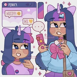 Size: 1400x1400 | Tagged: safe, artist:michoobun, derpibooru import, twilight sparkle, human, alternate hairstyle, bag, bisexual pride flag, choker, clothes, cute, eared humanization, female, grin, horn, horned humanization, humanized, image, implied pinkie pie, mobile phone, nail polish, phone, png, pride, pride flag, shirt, smartphone, smiling, solo, sweater, tail, tailed humanization, twiabetes
