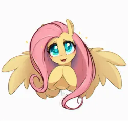 Size: 1000x952 | Tagged: safe, artist:inkypuso, derpibooru import, fluttershy, pegasus, pony, blushing, bust, colored pupils, cute, female, hooves together, image, jpeg, looking at you, mare, open mouth, open smile, shyabetes, signature, simple background, smiling, smiling at you, solo, sparkles, spread wings, white background, wings