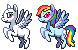 Size: 78x50 | Tagged: safe, artist:bananamantis, derpibooru import, rainbow dash, oc, pegasus, pony, bald, base, base used, duo, duo female, female, flying, image, mare, pixel art, png, simple background, spread wings, transparent background, wings