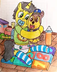 Size: 3052x3863 | Tagged: safe, artist:bitter sweetness, derpibooru import, oc, oc:bitter sweetness, unofficial characters only, unicorn, abdl, adult foal, baby bottle, chase (paw patrol), clothes, diaper, diaper fetish, fetish, graph paper, green eyes, horn, hug, image, male, non-baby in diaper, open mouth, pacifier, paw patrol, playmat, png, socks, striped socks, toy, traditional art, wooden floor