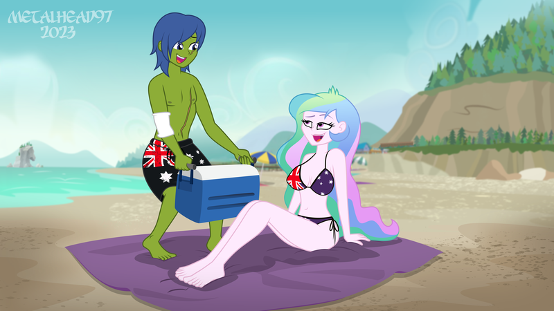 Size: 8000x4500 | Tagged: safe, artist:metalhead97, derpibooru import, princess celestia, oc, oc:rally flag, equestria girls, beach, beach towel, bikini, bikini top, breasts, busty princess celestia, canon x oc, clothes, commission, cooler, female, image, lidded eyes, looking at each other, looking at someone, male, png, principal celestia, rallylestia, shipping, shorts, show accurate, sitting, smiling, smiling at each other, straight, summer, swimsuit, towel