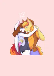 Size: 1462x2048 | Tagged: safe, artist:mscolorsplash, derpibooru import, braeburn, oc, oc:color splash, anthro, earth pony, pegasus, pony, arm around back, canon x oc, dancing, female, grin, heart, holding hands, image, looking at each other, looking at someone, looking into each others eyes, male, mare, pink background, png, shipping, simple background, smiling, smiling at each other, stallion, straight