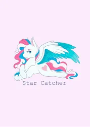 Size: 1462x2048 | Tagged: safe, artist:mscolorsplash, derpibooru import, star catcher, pegasus, pony, g3, crossed hooves, female, image, jpeg, lidded eyes, looking back, lying down, mare, name, pink background, prone, simple background, solo, sploot, spread wings, starry wings, wings