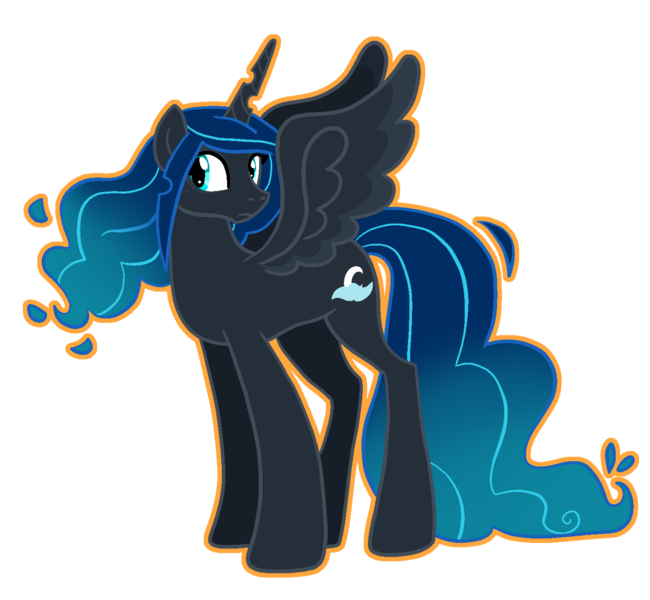 Size: 1480x1366 | Tagged: safe, artist:queertrixie, derpibooru import, oc, oc:moon river, unofficial characters only, alicorn, changeling, pony, derpibooru exclusive, female, flowing mane, image, mare, next generation, outline, parent:princess luna, parent:queen chrysalis, png, simple background, solo, transparent background