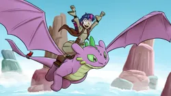 Size: 1920x1080 | Tagged: safe, artist:timsplosion, derpibooru import, spike, twilight sparkle, dragon, human, arms in the air, crossover, duo, duo male and female, female, flying, glasses, how to train your dragon, humanized, humans riding dragons, image, jpeg, male, open mouth, open smile, riding, smiling, spread wings, twilight riding spike, wings