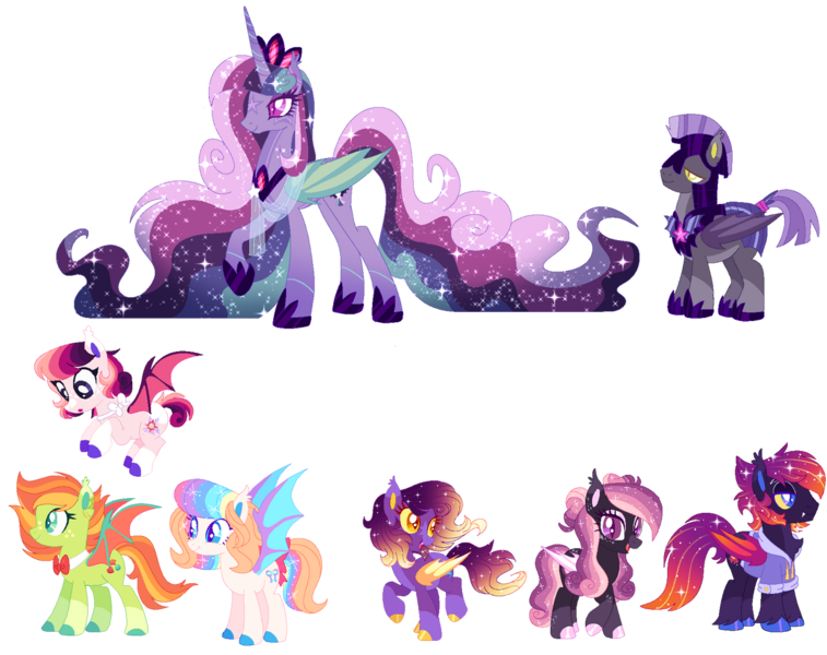 Size: 1280x1014 | Tagged: safe, derpibooru import, oc, oc:frosting sparkle pie, oc:princess evening nightfall, unnamed oc, unofficial characters only, alicorn, bat pony, bat pony alicorn, pony, :o, alicorn oc, armor, bat pony oc, bat wings, blue eyes, body markings, bowtie, chest fluff, chestplate, closed mouth, clothes, coat markings, colored eartips, colored eyelashes, colored hooves, colored pupils, colored sclera, colored wings, crown, cute, cute little fangs, cyan eyes, ear tufts, ethereal hair, ethereal mane, ethereal tail, eyeshadow, facial markings, fangs, female, flying, folded wings, golden eyes, gradient legs, gradient mane, gradient tail, hair bun, headcanon, headcanon in the description, helmet, hoodie, hoof polish, hoof shoes, horn, image, jewelry, lidded eyes, looking at you, looking back, magenta eyes, makeup, male, mare, multicolored wings, neck bow, open mouth, pale belly, peytral, png, purple eyes, raised hoof, regalia, royal guard, royal guard armor, scarf, simple background, smiling, space buns, sparkly mane, sparkly tail, spread wings, stallion, standing, star (coat marking), tail, tiara, transparent background, turned head, unshorn fetlocks, wings, yellow eyes, yellow sclera