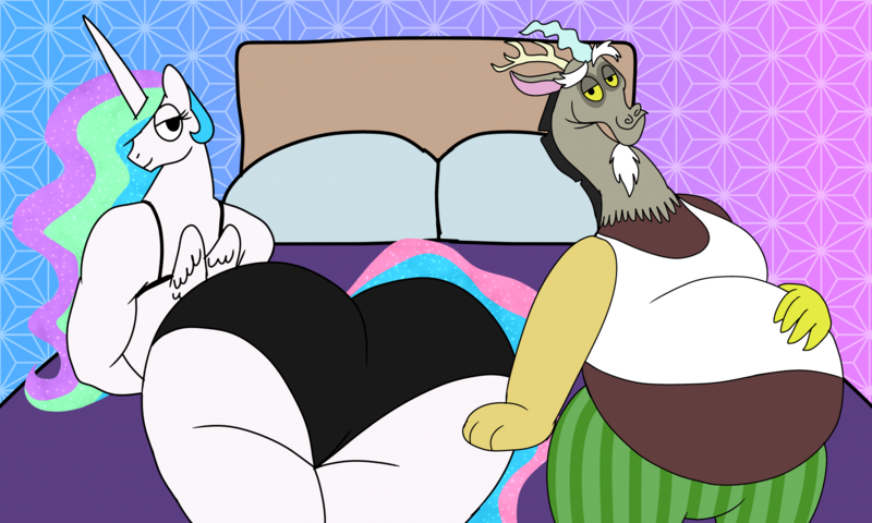 Size: 2478x1487 | Tagged: questionable, artist:wolfox90210, discord, princess celestia, alicorn, draconequus, asscord, bed, butt, clothes, facial hair, fat, fatcord, goatee, hand on belly, hand on hip, horn, image, looking back, pajamas, panties, pillow, png, sunbutt, tanktop, underwear