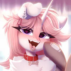 Size: 1310x1310 | Tagged: suggestive, artist:kebchach, derpibooru import, oc, unofficial characters only, pony, ahegao, clothes, collar, cropped porn, ear piercing, fangs, female, heart, heart eyes, image, jpeg, looking at you, mare, open mouth, pet play, piercing, simple background, socks, tongue out, tongue piercing, white background, wingding eyes
