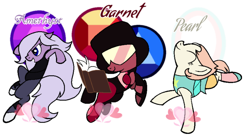 Size: 861x482 | Tagged: safe, alternate version, artist:jess4horses, artist:siti shafiyyah, ponified, earth pony, pony, fighting is magic, amethyst (steven universe), book, crossover, crystal gems, eyes closed, female, garnet (steven universe), gem, glasses, grin, gritted teeth, image, mare, pearl (steven universe), png, signature, simple background, smiling, steven universe, transparent background, trio, trio female, watermark