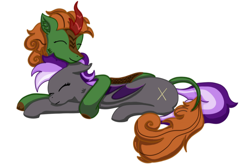 Size: 1210x828 | Tagged: safe, artist:nismorose, derpibooru import, oc, oc:belldrums, oc:shamrock clover, unofficial characters only, bat pony, kirin, pony, bat pony oc, bat wings, cheek fluff, couple, cuddling, cute, ear fluff, eyelashes, eyes closed, female, floppy ears, horn, hug, image, jpeg, kirin oc, lying down, male, mare, purple hair, purple mane, purple tail, simple background, sleeping, stallion, tail, white background, wings