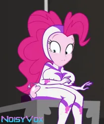Size: 501x596 | Tagged: suggestive, artist:noisyvox, derpibooru import, edit, edited screencap, screencap, fili-second, pinkie pie, human, equestria girls, breast edit, breasts, busty pinkie pie, clothes, costume, cropped, erect nipples, female, image, jpeg, large butt, looking down, power ponies, ripping clothes, solo, solo female, wardrobe malfunction, wide hips