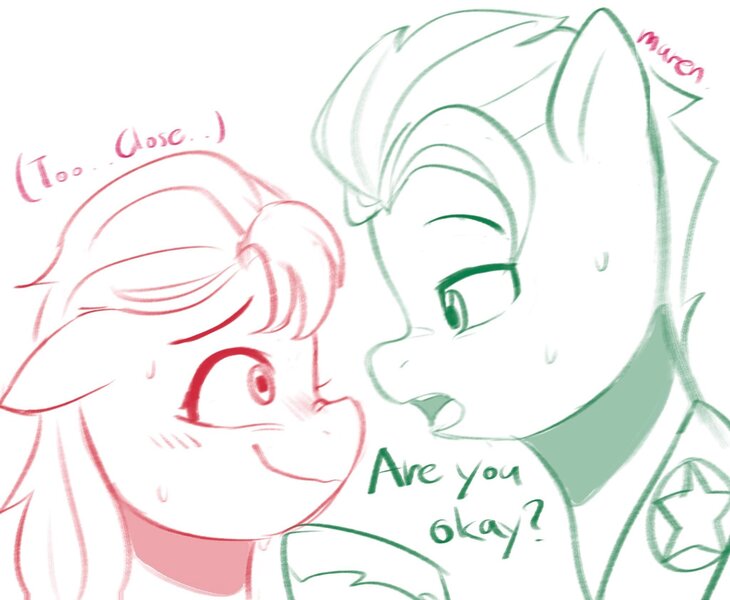 Size: 2048x1683 | Tagged: safe, artist:maren, derpibooru import, hitch trailblazer, sunny starscout, earth pony, pony, g5, blushing, dialogue, doodle, duo, duo male and female, female, hoof hold, image, jpeg, looking at each other, looking at someone, male, sheriff's badge, shipping, straight, sunnyhitch, sweat