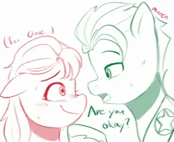 Size: 2048x1683 | Tagged: safe, artist:maren, derpibooru import, hitch trailblazer, sunny starscout, earth pony, pony, g5, blushing, dialogue, doodle, duo, duo male and female, female, hoof hold, image, jpeg, looking at each other, looking at someone, male, sheriff's badge, shipping, straight, sunnyhitch, sweat