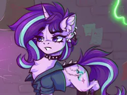 Size: 1600x1200 | Tagged: safe, artist:falafeljake, derpibooru import, starlight glimmer, pony, unicorn, chest fluff, choker, clothes, ear fluff, ear piercing, edgelight glimmer, eyebrows, eyebrows visible through hair, female, horn, image, jpeg, mare, piercing, solo