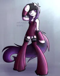 Size: 2000x2500 | Tagged: safe, artist:zeffdakilla, derpibooru import, oc, oc:lacey lullaby, unofficial characters only, earth pony, semi-anthro, arm warmers, clothes, dress, emo, female, image, looking away, png, raised hoof, smiling, socks, solo, standing, stockings, thigh highs