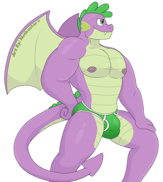 Size: 842x942 | Tagged: questionable, artist:notkastar, derpibooru import, spike, anthro, dragon, briefs, clothes, crotch bulge, image, male, male nipples, nipples, nudity, png, simple background, smiling, solo, solo male, transparent background, underwear, winged spike, wings