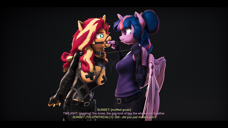 Size: 9600x5400 | Tagged: questionable, artist:imafutureguitarhero, derpibooru import, sci-twi, sunset shimmer, twilight sparkle, alicorn, anthro, classical unicorn, pony, unicorn, series:twilight's sexual deviancy, 3d, :p, absurd file size, absurd resolution, alicornified, arm behind back, armbinder, ballgag, bdsm, belt, black bars, blushing, bondage, boob freckles, boob window, bound, bound and gagged, bound arms, breasts, cheek fluff, chest fluff, chest freckles, chin fluff, chromatic aberration, cleavage, clothes, cloven hooves, collar, colored eyebrows, colored eyelashes, colored wings, corset, covered nipples, cute, derpibooru exclusive, dialogue, dominant, drool, drool on face, duo, ear fluff, ear freckles, evening gloves, exposed breasts, female, femsub, film grain, fingerless elbow gloves, fingerless gloves, fluffy, fluffy hair, fluffy mane, freckles, fur, gag, giggling, gloves, groan, harness, harness ballgag, harness gag, horn, image, jpeg, latex, latex corset, latex gloves, latex suit, laughing, leash, leash pull, leonine tail, letterboxing, long gloves, long hair, long mane, long nails, looking at someone, looking down, mare, multicolored hair, multicolored mane, neck fluff, nipple tape, nose wrinkle, one ear down, paintover, pants, pasties, peppered bacon, pun, race swap, reasonably sized breasts, revamped anthros, revamped ponies, scitwilicorn, shiny, shoulder freckles, signature, smiling, source filmmaker, stage.bsp, straps, striped gloves, submissive, subset, subtitle, sunset shimmer is not amused, tack, tail, telepathy, text, tongue out, twiabetes, twidom, two toned wings, unamused, unshorn fetlocks, varying degrees of amusement, wall of tags, wing fluff, wing freckles, wings