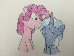 Size: 3264x2448 | Tagged: safe, artist:imtailsthefoxfan, derpibooru import, pinkie pie, pokey pierce, earth pony, pony, unicorn, bubble berry, bubblepin, eyes closed, female, grin, height difference, high res, image, jpeg, looking at each other, looking at someone, male, mare, pokeypie, poppy pin, rule 63, shipping, smiling, smiling at each other, stallion, straight, traditional art