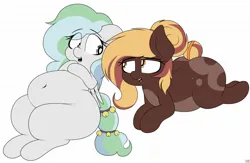 Size: 2048x1335 | Tagged: safe, artist:blitzyflair, derpibooru import, oc, oc:sweet marble, earth pony, pony, belly, big belly, duo, fat, female, friends, image, jpeg, mare, simple background, talking, white background