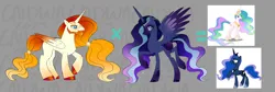 Size: 4781x1611 | Tagged: safe, artist:arodovecaidwa, derpibooru import, princess celestia, princess luna, oc, alicorn, pony, alicorn oc, celestia and luna's father, celestia and luna's mother, female, flowing mane, headcanon, horn, image, male, mare, oc x oc, png, shipping, stallion, wings