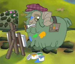 Size: 1114x939 | Tagged: safe, artist:nonameorous, derpibooru import, oc, oc:parsley (tfh), sheep, them's fightin' herds, bag, beret, cloven hooves, community related, easel, hat, image, looking down, male, meadow, monocle, mouth hold, paint, paint stains, paintbrush, png, ram, sitting, solo, teeth