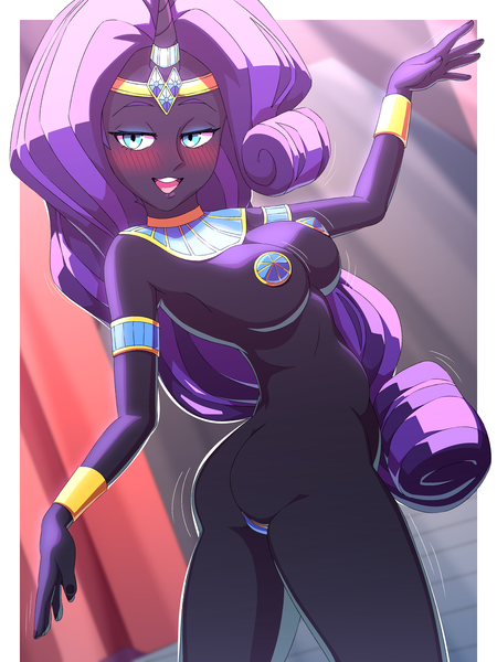 Size: 1200x1600 | Tagged: questionable, artist:rockset, ponerpics import, ponybooru import, nightmare rarity, rarity, human, equestria girls, blushing, boobs and butt pose, bracelet, breasts, butt, equestria girls-ified, horn, horn ring, horned humanization, humanized, image, jewelry, looking back, pasties, piercing, png, ring, solo