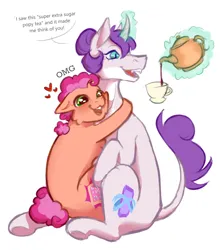 Size: 2690x3000 | Tagged: safe, artist:imgonadoponyoc, derpibooru import, oc, oc:blue lace, oc:poptarts pie, unofficial characters only, dracony, earth pony, hybrid, pony, cheek fluff, cup, curved horn, cute, duo, food, glow, glowing horn, heart, horn, hug, image, interspecies offspring, levitation, magic, offspring, open mouth, open smile, parent:cheese sandwich, parent:pinkie pie, parent:rarity, parent:spike, parents:cheesepie, parents:sparity, png, smiling, tea, teacup, teapot, telekinesis