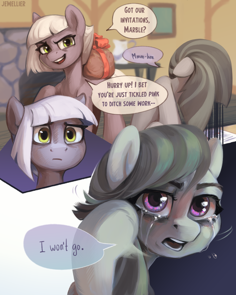 Size: 1200x1500 | Tagged: safe, artist:jewellier, derpibooru import, part of a set, limestone pie, marble pie, earth pony, pony, series:ask the pie sisters, ask, comic, crying, description is relevant, female, hoof in mane, hoof on head, image, indoors, looking at you, looking back, marble pie is not amused, mare, motion lines, part of a series, pie sisters, png, siblings, sisters, speech bubble, text, translation, unamused