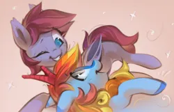 Size: 2086x1345 | Tagged: safe, artist:mirroredsea, derpibooru import, oc, unofficial characters only, kirin, pony, duo, grin, image, jpeg, kirin oc, looking at each other, looking at someone, one eye closed, open mouth, open smile, simple background, smiling, smiling at each other, sparkles