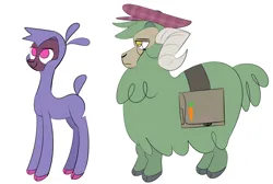 Size: 3200x2150 | Tagged: safe, artist:nonameorous, derpibooru import, oc, oc:parsley (tfh), unofficial characters only, sheep, them's fightin' herds, bag, beret, cloven hooves, community related, duo, hat, image, looking up, male, monocle, png, ram, simple background, standing, white background