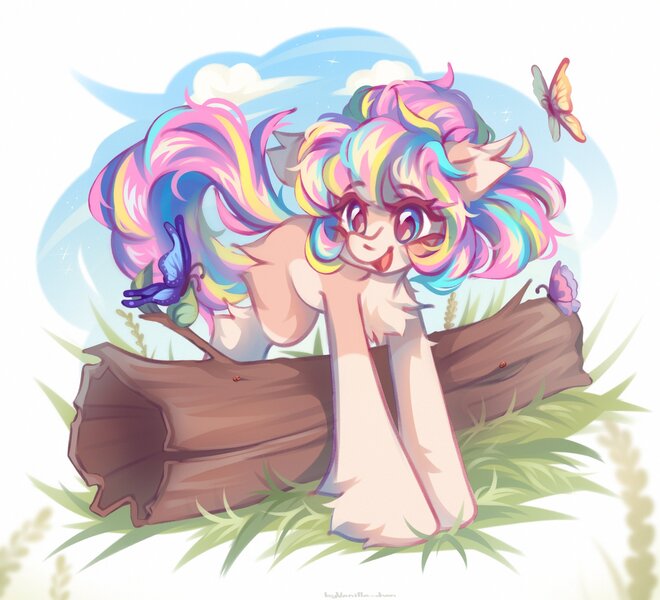 Size: 2200x2000 | Tagged: safe, artist:vanilla-chan, derpibooru import, oc, oc:bijou butterfly, unofficial characters only, butterfly, earth pony, insect, pony, chest fluff, earth pony oc, eye clipping through hair, eyebrows, eyebrows visible through hair, female, grass, high res, image, jpeg, mare, open mouth, open smile, smiling, solo