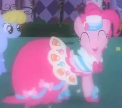 Size: 746x662 | Tagged: safe, derpibooru import, screencap, drizzle, pinkie pie, earth pony, pony, the best night ever, beautiful, canterlot, clothes, cropped, cute, dress, eyes closed, fantasy, female, gala dress, gown, grand galloping gala, happy, image, jpeg, mare, smiling