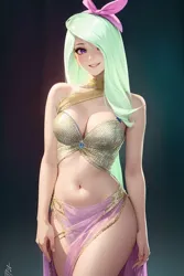 Size: 1024x1536 | Tagged: suggestive, derpibooru import, editor:sammykun, machine learning generated, flitter, human, ai content, belly button, bow, breasts, busty flitter, cleavage, clothes, diamond, dress, female, gem, gemstones, gradient background, hair bow, hair over one eye, humanized, image, jewelry, jpeg, long hair, midriff, prompter:sammykun, reasonably sized breasts, sexy, silk, skirt, smiling, solo, solo female, sultry pose, wide hips