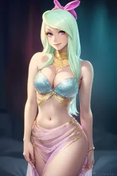 Size: 1024x1536 | Tagged: suggestive, alternate version, derpibooru import, editor:sammykun, machine learning generated, flitter, human, ai content, belly button, bow, breasts, busty flitter, cleavage, clothes, curvy, diamond, dress, female, gem, gemstones, gradient background, hair bow, hourglass figure, humanized, image, jewelry, long hair, midriff, png, prompter:sammykun, reasonably sized breasts, sexy, silk, skirt, smiling, solo, solo female, sultry pose, wide hips