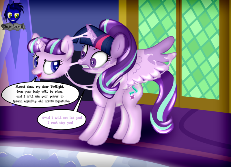 Size: 5760x4154 | Tagged: semi-grimdark, artist:damlanil, derpibooru import, starlight glimmer, twilight sparkle, twilight sparkle (alicorn), alicorn, goo, latex pony, original species, pony, unicorn, bondage, comic, commission, duo, encasement, female, grin, horn, image, latex, liquid latex, living latex, mare, mask, masking, merging, open mouth, png, ponysuit, possession, rubber, shiny, show accurate, smiling, speech bubble, story, story included, text, transformation, twilight's castle, vector, wings