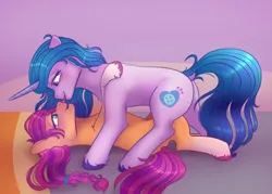 Size: 2800x2000 | Tagged: suggestive, artist:globug100art, derpibooru import, izzy moonbow, sunny starscout, earth pony, pony, unicorn, g5, bed, blushing, butt, cuddling, cute, dock, duo, duo female, eye contact, eyebrows, female, image, intimate, izzyscout, lesbian, licking, looking at each other, looking at someone, lying down, mare, on back, plot, png, shipping, size difference, smiling, spread legs, spreading, tail, tongue out