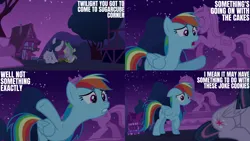 Size: 2000x1125 | Tagged: safe, derpibooru import, edit, edited screencap, editor:quoterific, screencap, rainbow dash, spike, twilight sparkle, twilight sparkle (alicorn), alicorn, 28 pranks later, cookie, cookie zombie, food, image, night, png, ponyville, statue