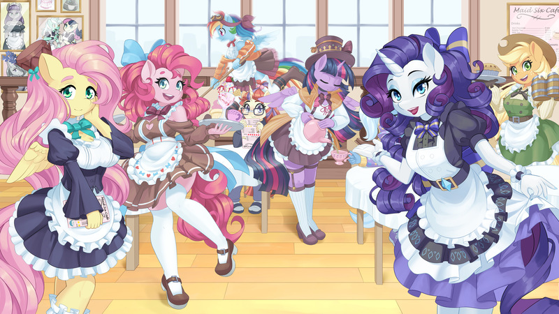 Size: 3840x2160 | Tagged: safe, artist:dstears, derpibooru import, applejack, bon bon, fluttershy, lyra heartstrings, marble pie, maud pie, moondancer, pinkie pie, rainbow dash, rarity, sweetie drops, trixie, twilight sparkle, twilight sparkle (alicorn), alicorn, anthro, earth pony, pegasus, unicorn, alcohol, alternate hairstyle, applejack's hat, apron, babysitter trixie, beer, beer stein, bow, cafe, clothes, cowboy hat, cup, dress, food, garters, hair bow, hat, hoodie, image, jpeg, maid, mane six, mary janes, pants, pie, sandals, shoes, sneakers, socks, socks with sandals, stockings, sweater, teacup, teapot, thigh highs, top hat