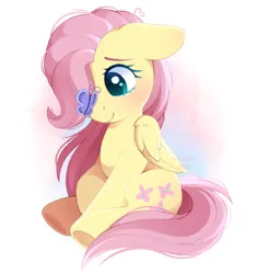 Size: 1770x1895 | Tagged: safe, artist:adostume, derpibooru import, fluttershy, butterfly, insect, pegasus, pony, blushing, butterfly on nose, cute, cutie mark, eyebrows, female, feral, floppy ears, folded wings, high res, image, insect on nose, long hair, long mane, looking at something, png, raised hoof, shy, shyabetes, signature, simple background, sitting, smiling, solo, three quarter view, wings