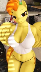 Size: 2160x3840 | Tagged: suggestive, artist:skyleesfm, derpibooru import, spitfire, anthro, pegasus, 3d, belly button, breasts, busty spitfire, clothes, female, folded wings, high res, image, lamp, looking at you, medicine, panties, pillow, png, shirt, smiling, smiling at you, solo, underwear, wings