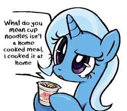 Size: 485x423 | Tagged: source needed, safe, artist:muffinz, derpibooru import, trixie, pony, cup noodles, female, food, image, mare, noodles, png, simple background, solo, white background