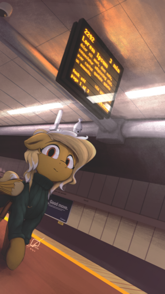 Size: 2700x4800 | Tagged: safe, artist:potato22, derpibooru import, oc, oc:mareota, unofficial characters only, pegasus, pony, bag, clothes, dutch angle, image, looking at you, lorem ipsum, placeholder text, png, solo, sweater, train station, turtleneck, walking