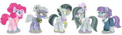 Size: 1280x367 | Tagged: safe, artist:shebasoda, derpibooru import, limestone pie, marble pie, maud pie, pinkie pie, earth pony, pony, apron, blue eyes, boulder (g4), brother and sister, closed mouth, clothes, coat markings, colored eartips, colored eyelashes, colored hooves, colored pupils, dress, ear piercing, earring, eye wrinkles, female, food, frown, glasses chain, group, hair bun, hat, headcanon, image, jewelry, lidded eyes, looking up, male, mare, necktie, octavio pie, older, older limestone pie, older marble pie, older maud pie, older octavio pie, older pinkie pie, open mouth, pale belly, pie sisters, piercing, png, ponytail, quintet, raised hoof, siblings, simple background, sisters, smiling, socks (coat marking), sprinkles, stallion, standing, trans male, transgender, transparent background, yellow eyes