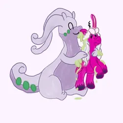 Size: 1500x1500 | Tagged: safe, artist:mintwhistle, derpibooru import, alicorn, dragon, goodra, pony, g5, annoyed, blue eyeshadow, colored hooves, crossover, cute, dot eyes, duo, emanata, eyes closed, eyeshadow, female, frown, grumpy, holding a pony, hug, image, irritated, makeup, mare, medibang paint, missing accessory, off-white background, opaline arcana, opaline arcana is not amused, pink background, png, pokémon, simple background, sitting, slime, smiling, unamused, unshorn fetlocks