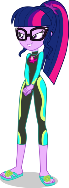 Size: 1525x4164 | Tagged: safe, artist:dustinwatsongkx, derpibooru import, sci-twi, twilight sparkle, human, equestria girls, equestria girls series, accessory swap, barefoot, clothes, clothes swap, feet, female, fluttershy's wetsuit, geode of fauna, glasses, image, magical geodes, png, sandals, simple background, solo, swimsuit, transparent background, vector, wetsuit