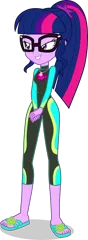 Size: 1525x4164 | Tagged: safe, artist:dustinwatsongkx, derpibooru import, sci-twi, twilight sparkle, human, equestria girls, equestria girls series, accessory swap, barefoot, clothes, clothes swap, feet, female, fluttershy's wetsuit, geode of fauna, glasses, image, magical geodes, png, sandals, simple background, solo, swimsuit, transparent background, vector, wetsuit