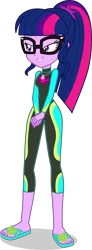 Size: 1525x4164 | Tagged: safe, artist:dustinwatsongkx, derpibooru import, sci-twi, twilight sparkle, human, equestria girls, equestria girls series, accessory swap, barefoot, clothes, clothes swap, feet, female, fluttershy's wetsuit, geode of fauna, glasses, image, magical geodes, png, sandals, simple background, solo, swimsuit, transparent background, vector, wetsuit