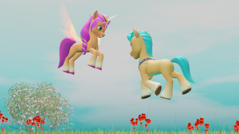 Size: 1920x1080 | Tagged: safe, artist:thisguy, derpibooru import, hitch trailblazer, sunny starscout, alicorn, earth pony, pony, g5, 3d, alicornified, blender, blender eevee, butt, duo, duo male and female, female, image, male, mane stripe sunny, mare, plot, png, race swap, shipping, smiling, stallion, straight, sunnyhitch