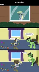 Size: 1920x3516 | Tagged: safe, artist:platinumdrop, derpibooru import, derpy hooves, oc, oc:anon, oc:anon stallion, pegasus, pony, comic:caretaker, 3 panel comic, angry, ball, bedroom, blanket, blocks, box, bubble wand, caretaker, chair, come here, comic, commission, crying, female, filly, filly derpy, floppy ears, foal, image, messy room, onomatopoeia, plushie, png, sad, sitting, sound effects, speech, speech bubble, stern, talking, toy, window, wings, wings down, younger
